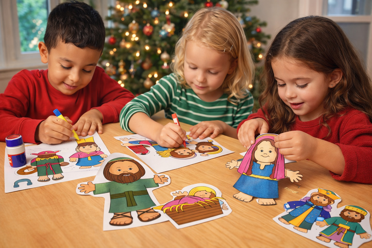 kids making playtime nativity paper dolls