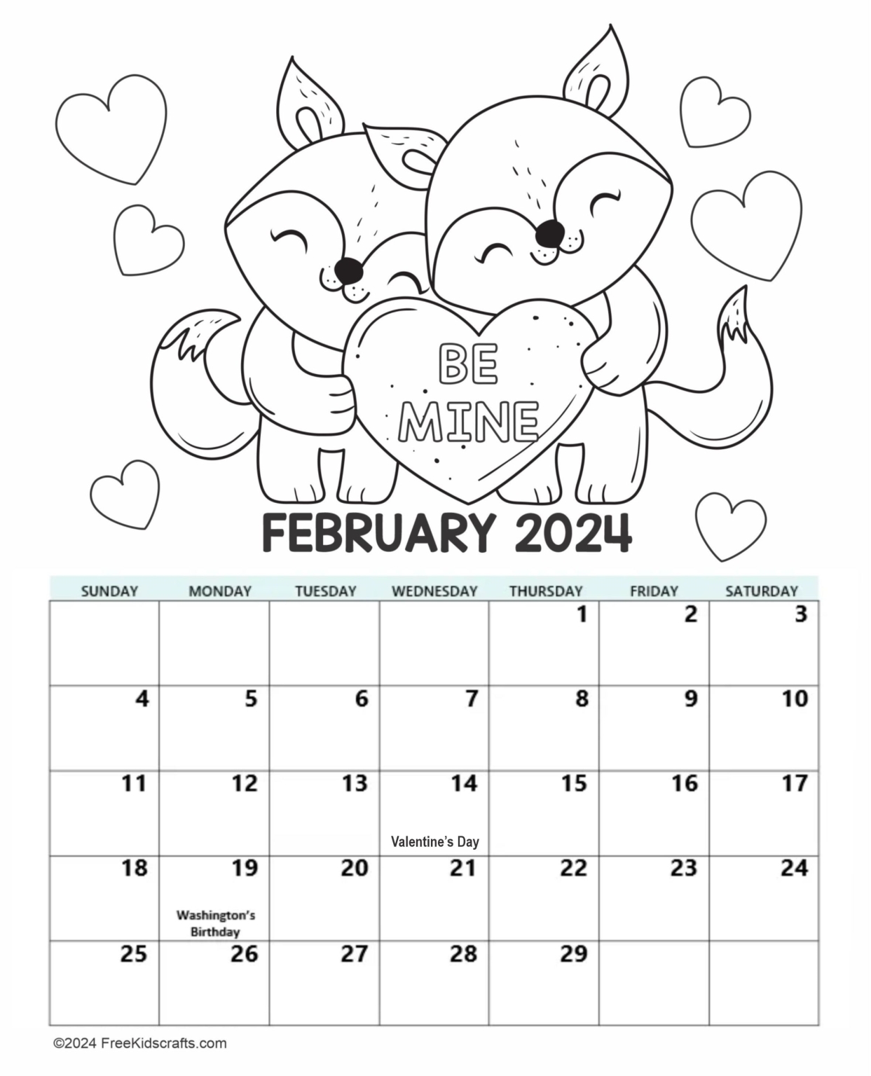 Printable 2024 February Coloring Calendar