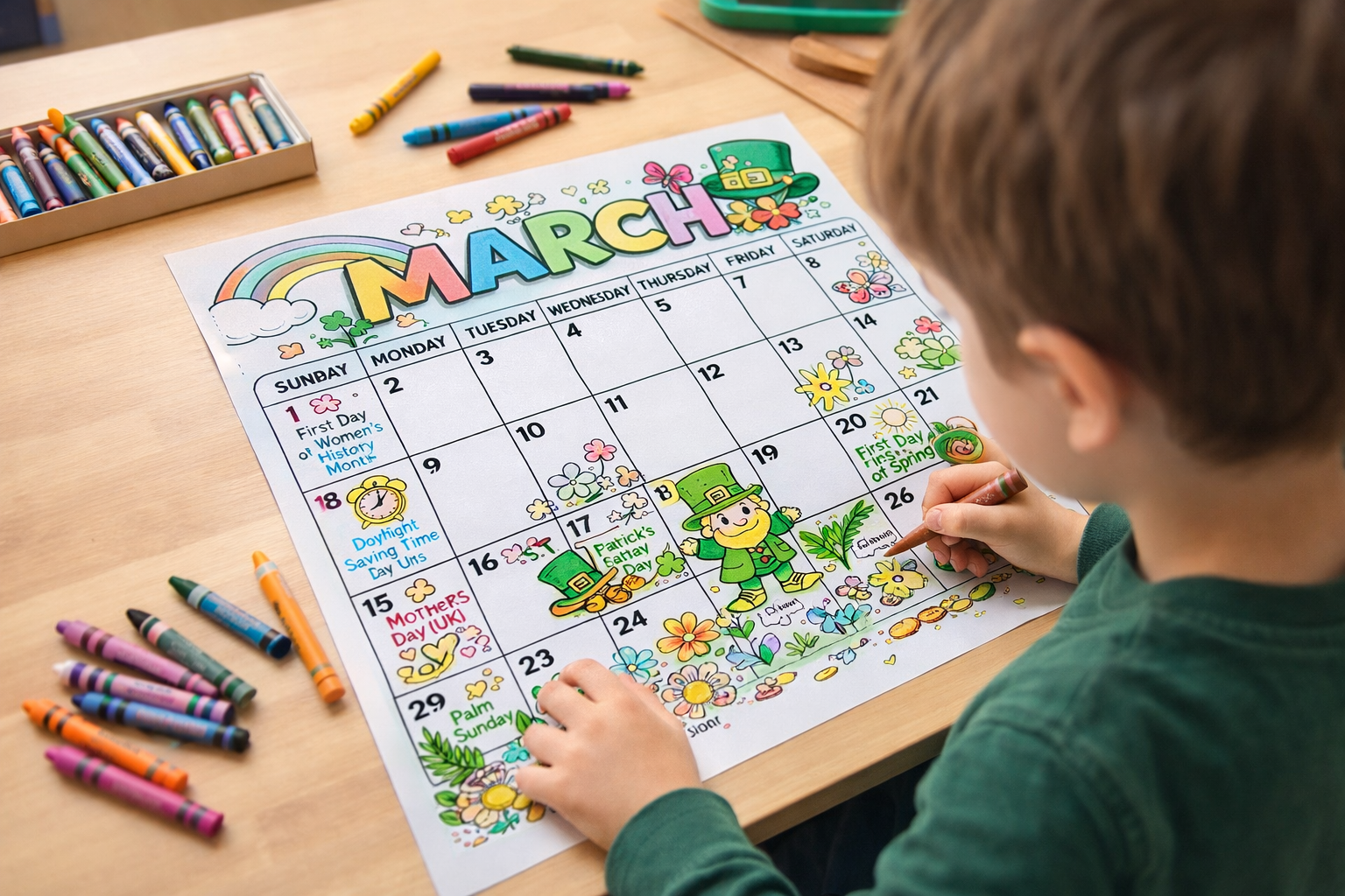 kid coloring a march calendar page