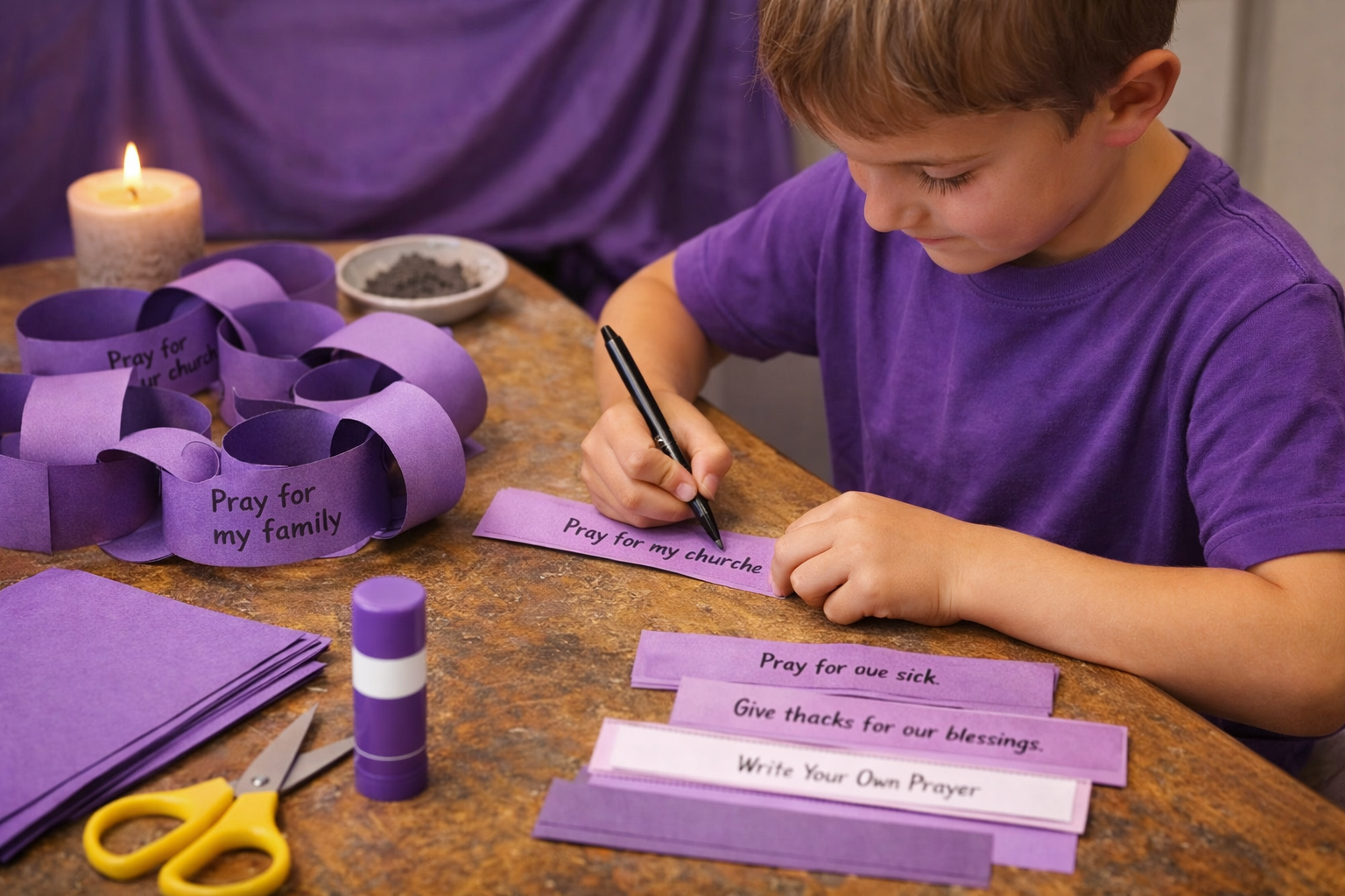 kid writing lenten prayer on craft paper