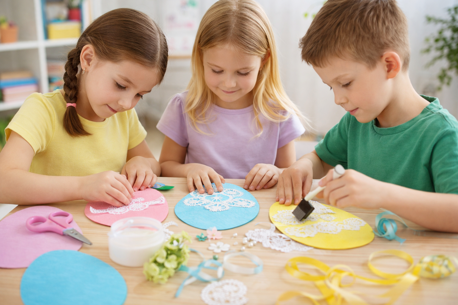 kids decorating paper eggs