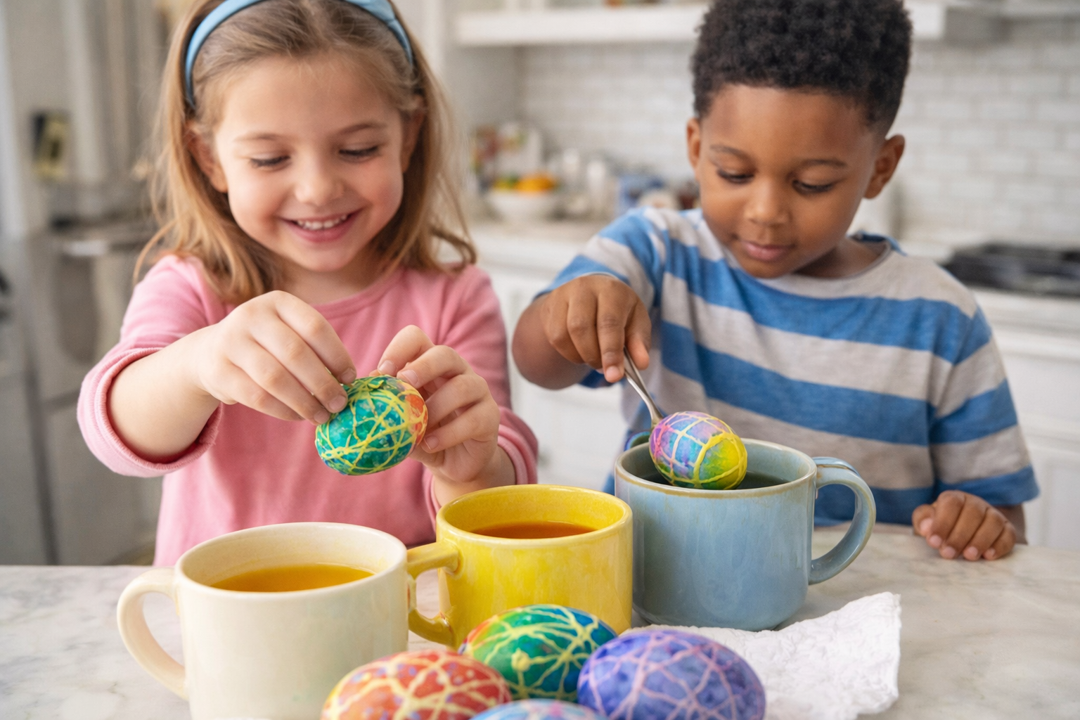 kids making rubber cement easter eggs