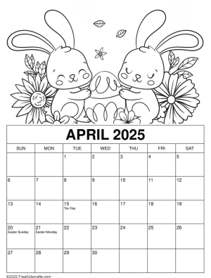 Printable April Coloring Calendar for young kids.