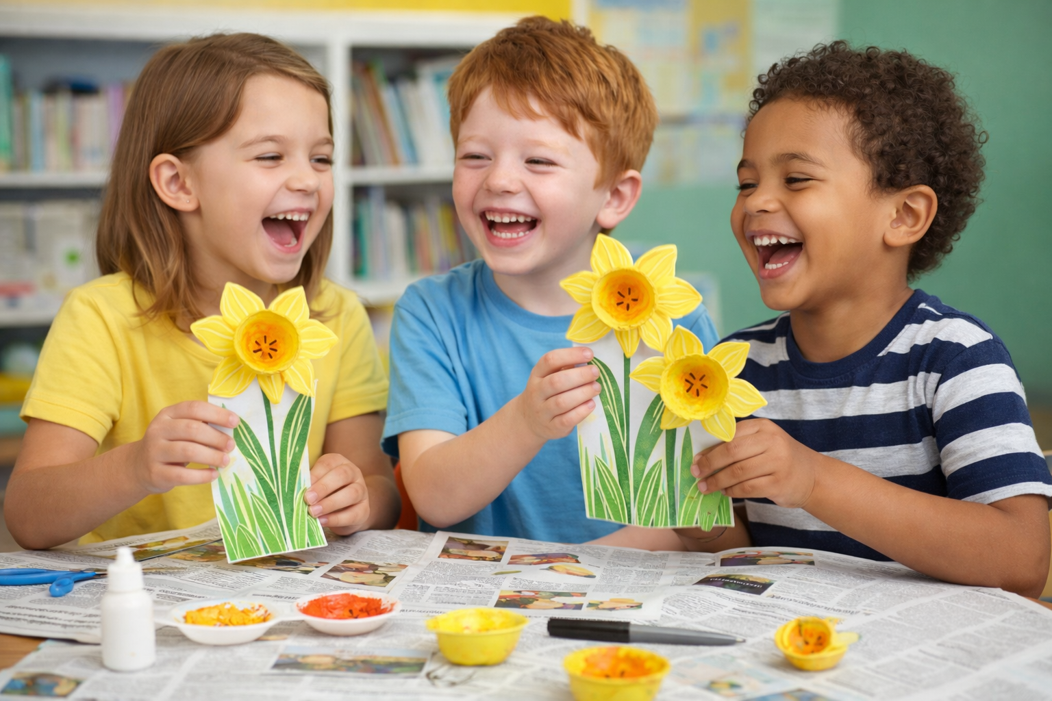 Children crafting vibrant daffodils together

