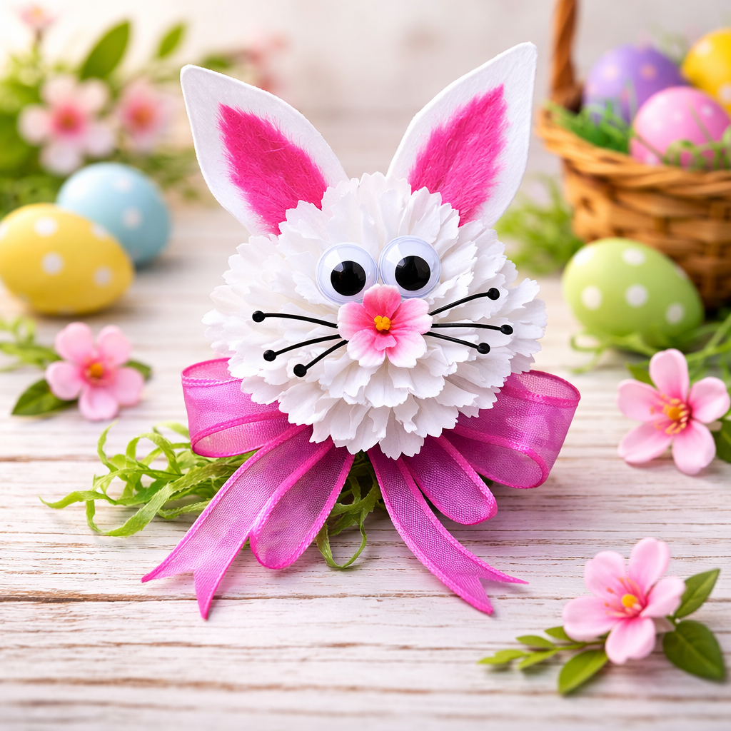 easter bunny collage finished and resting on a table of easter decorations