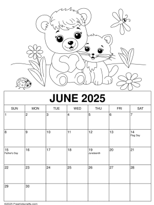 printable June coloring calendar