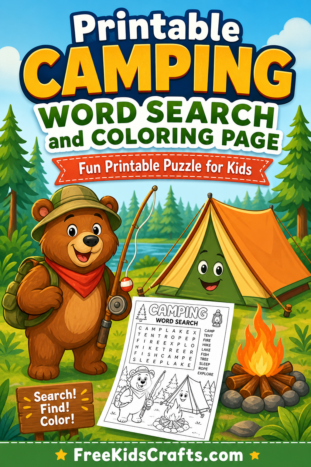 Printable Camping Word Search and Coloring Page
