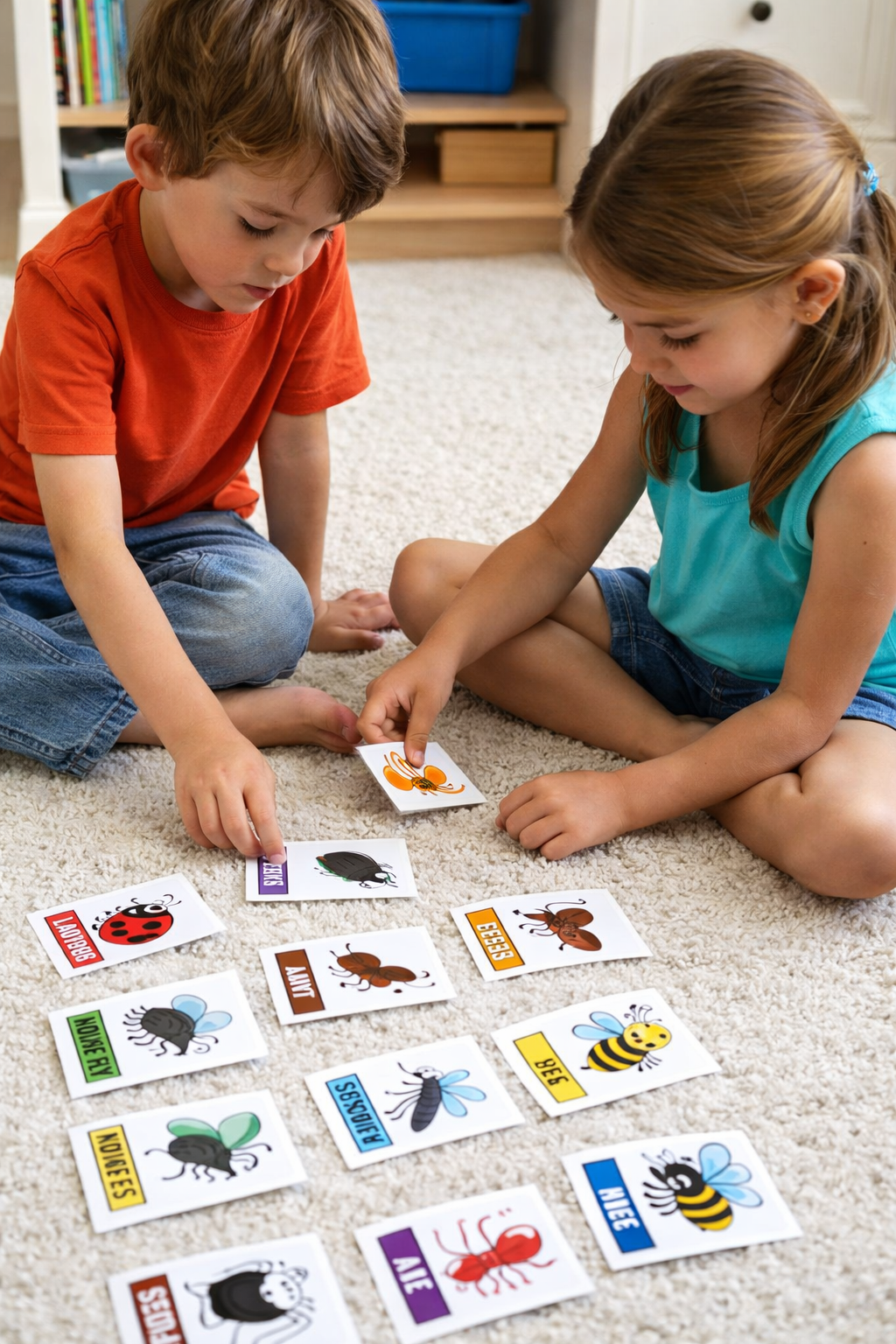 kids playing matching card bug game