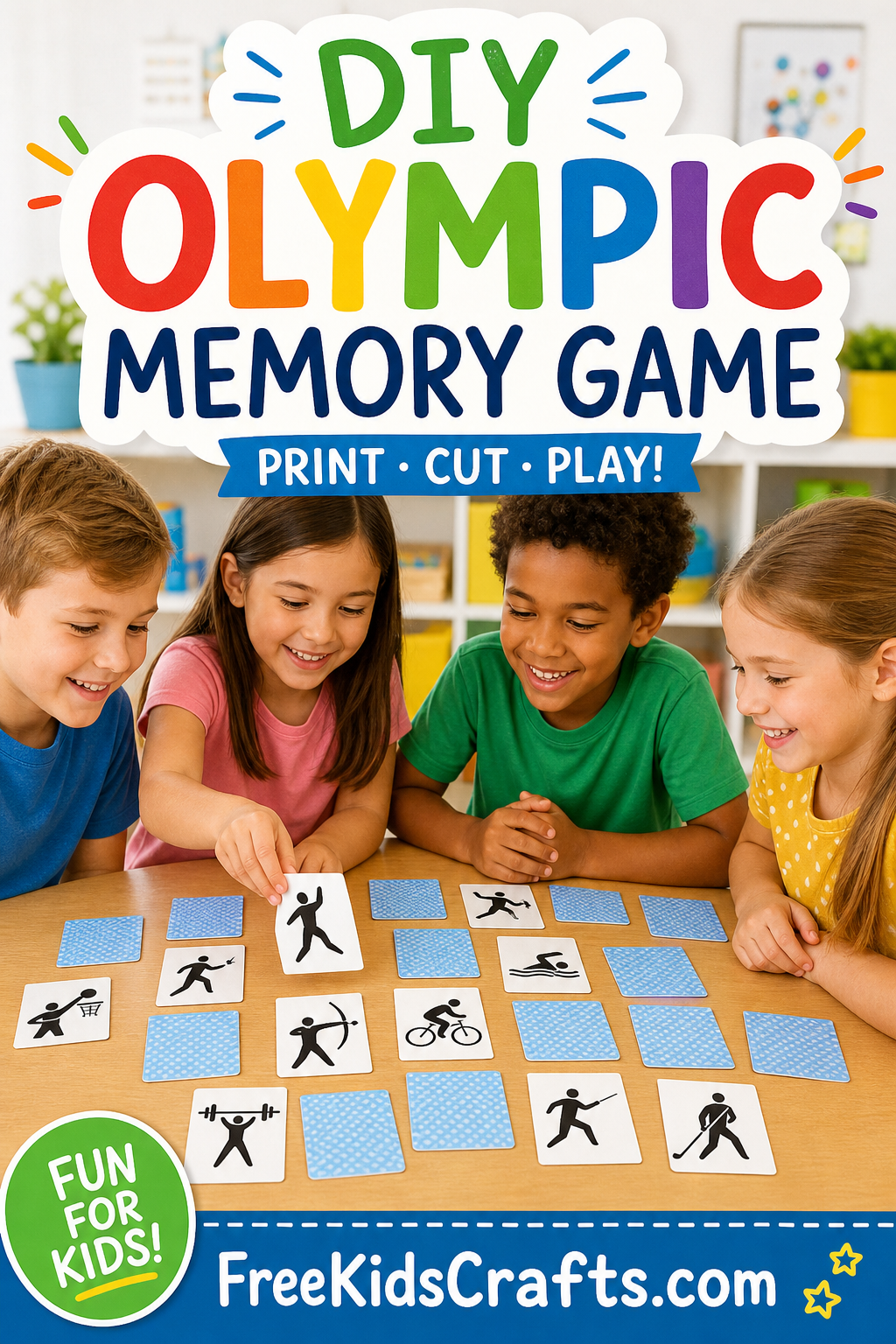 diy olympic memory game, kids around a table playing