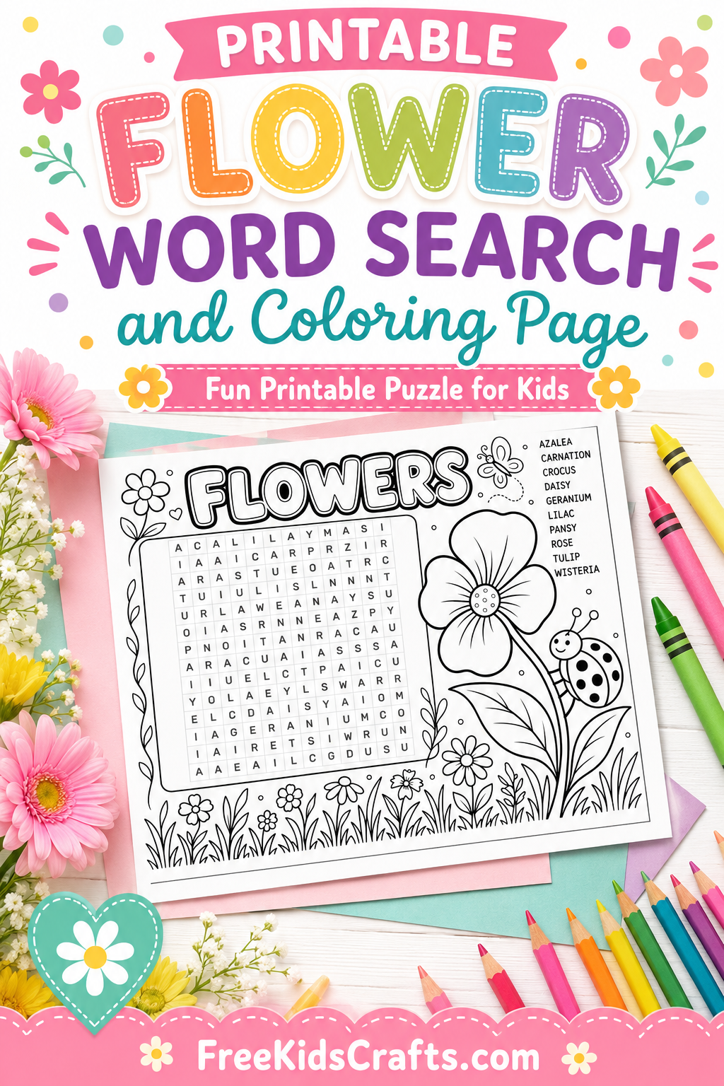 Printable Flower Word Search and Coloring Page