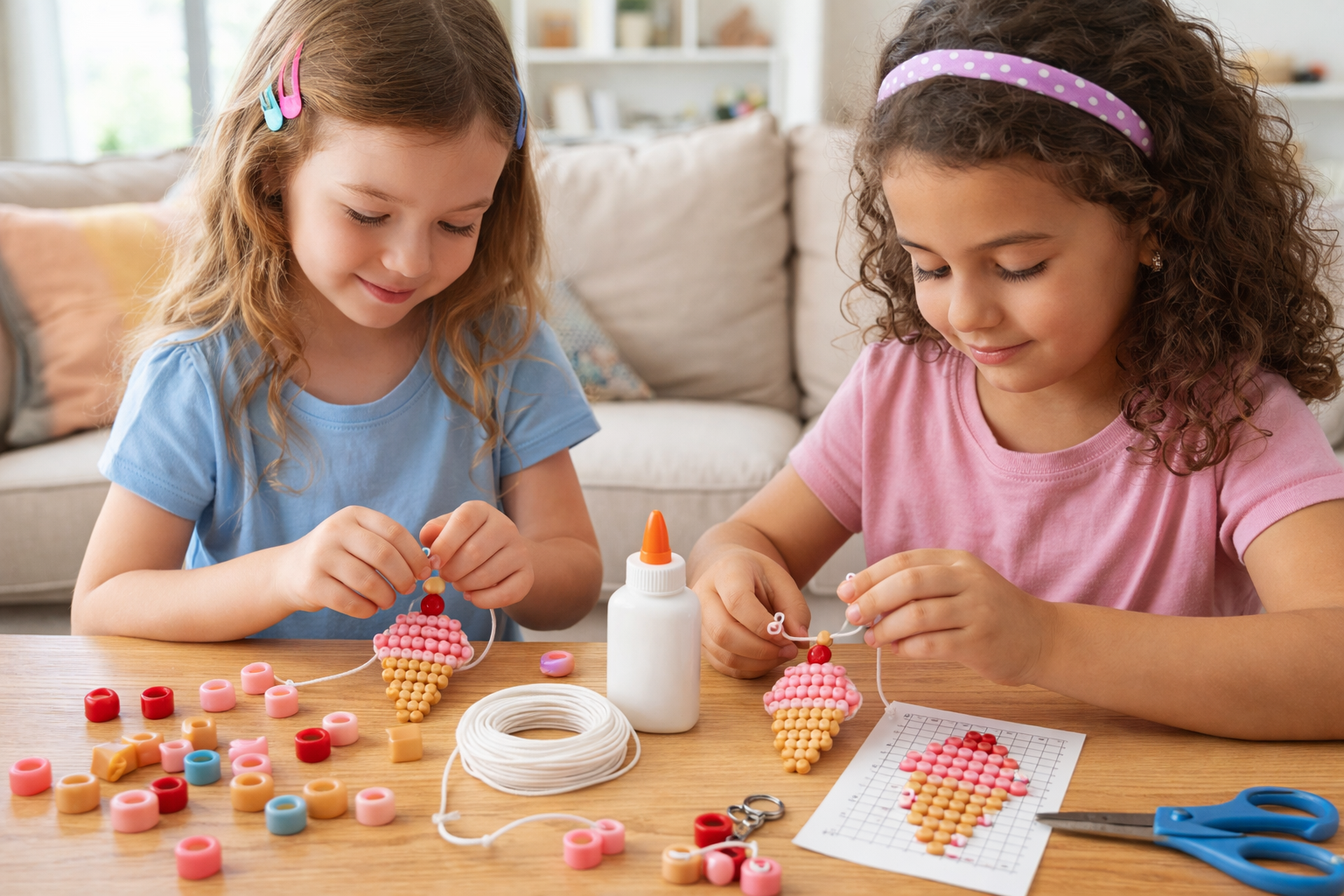 girls crafting the beaded icecream keychain