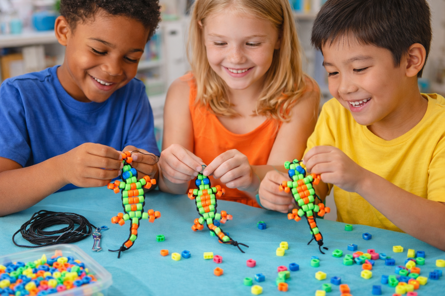 kids having fun making beaded geckos