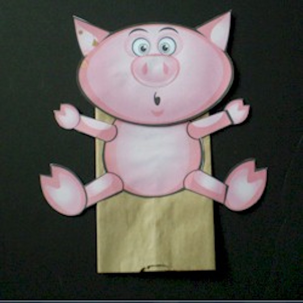 Easy cut and paste paper bag pig puppet