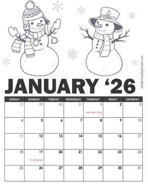 2026 January Coloring Calendar for kids
