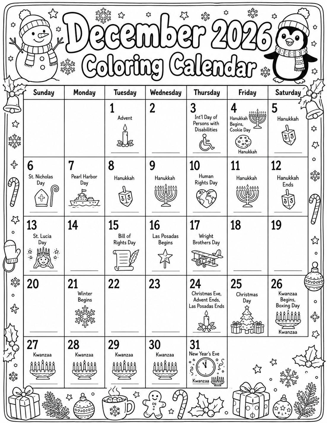 December 2026 festive coloring calendar
