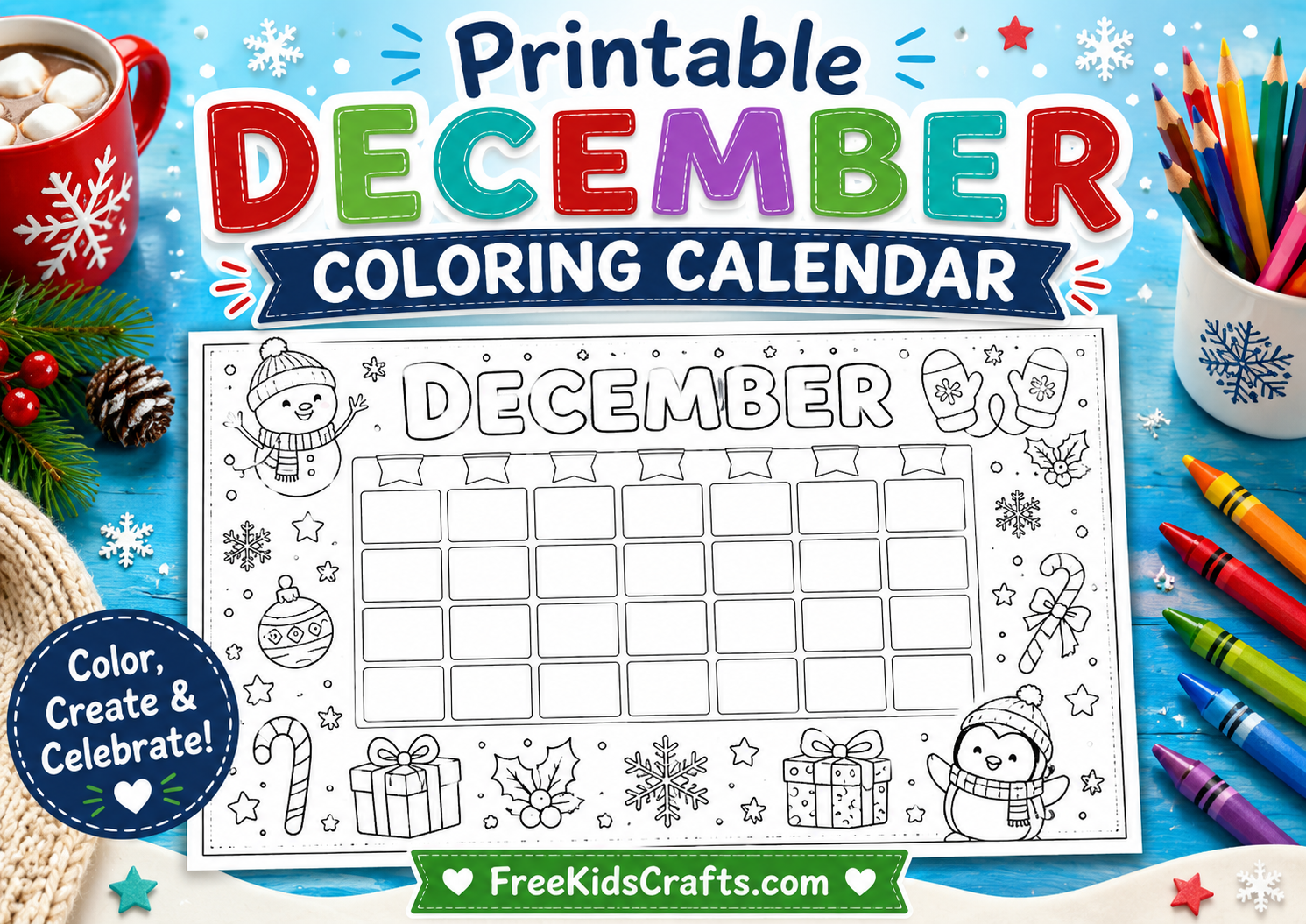 Printable December coloring calendar fun