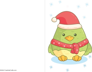 Cheerful winter green bird card for kids to make