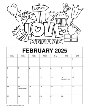 printable February 2026 kids coloring calendar