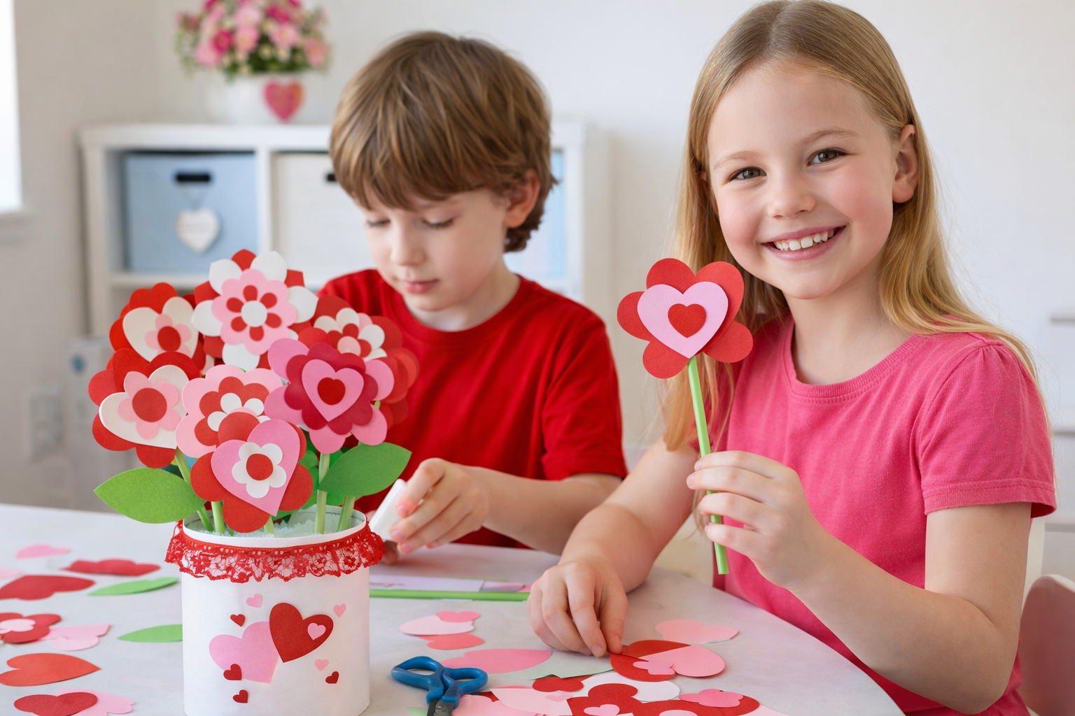 Paper hearts and flowers bouquet tutorial kids making craft