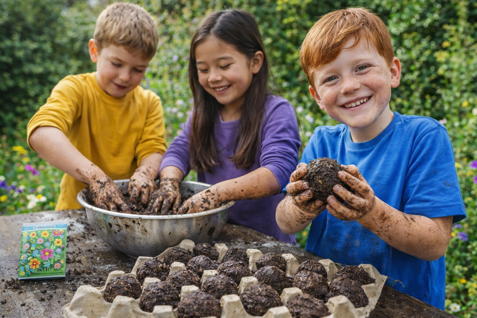 How to make seed bombs, kids digging into a pan of mud