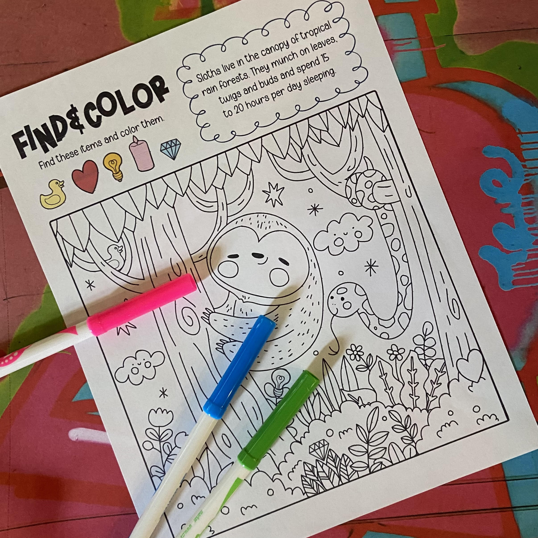 Sloth find and color activity worksheet