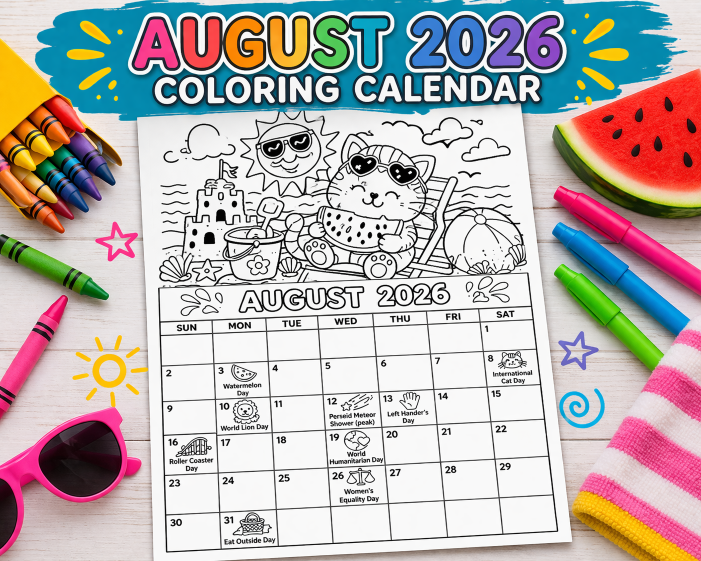 Printable August Coloring Calendar