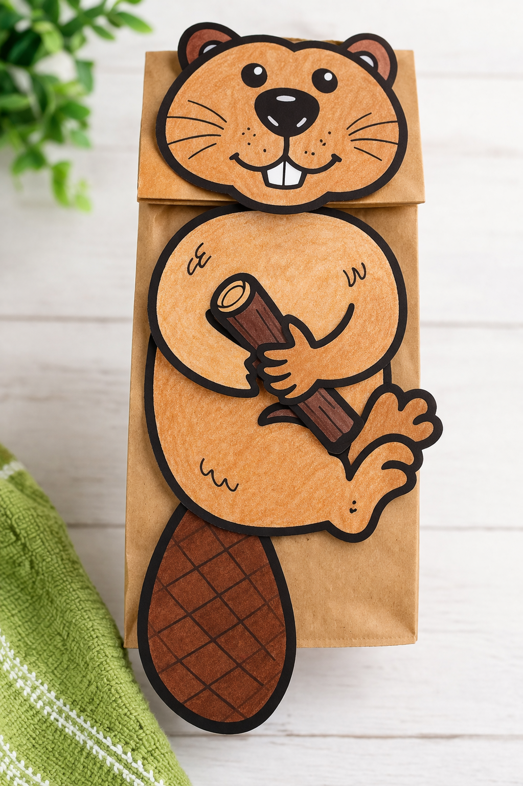 paper bag beaver craft assembled and displayed