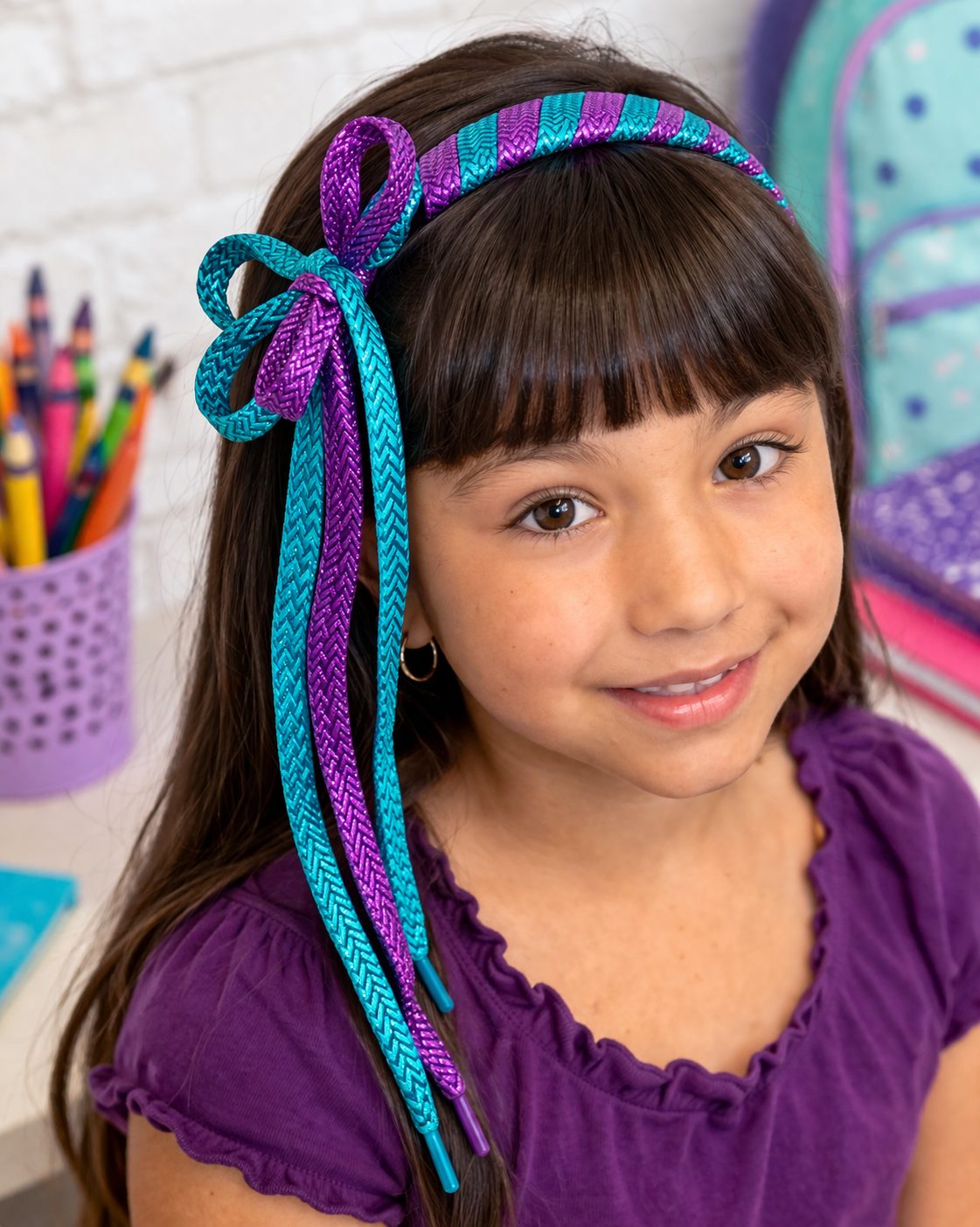 girl wearing shoelace ribbon in hair