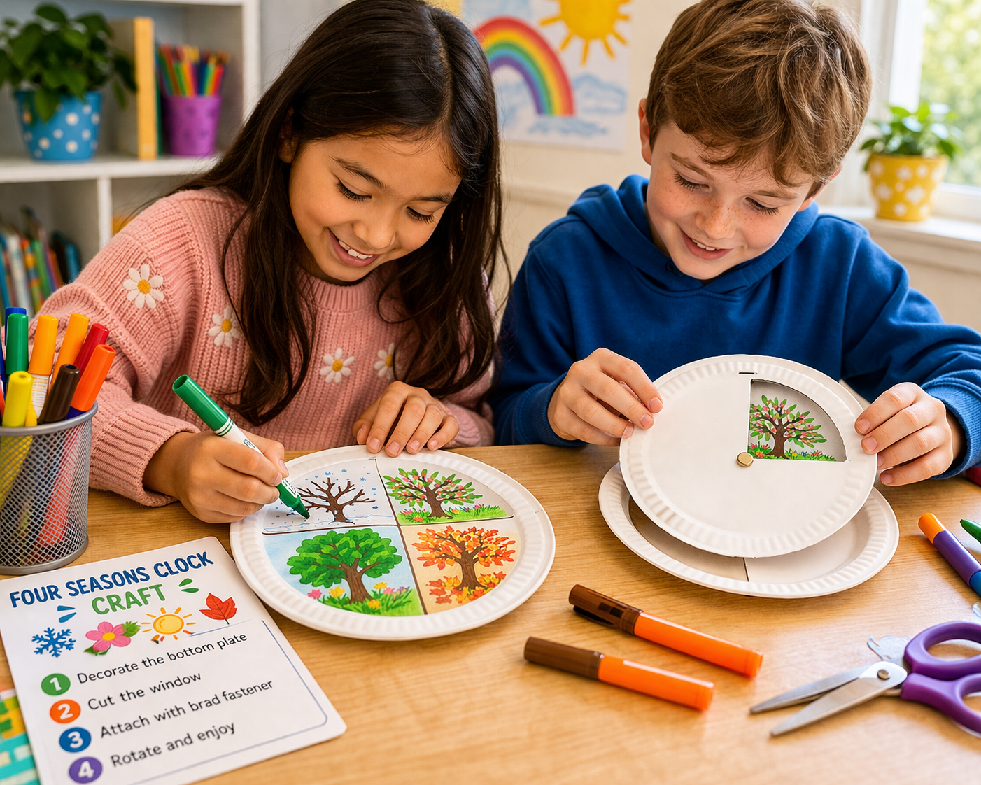 kids making four seasons clock craft