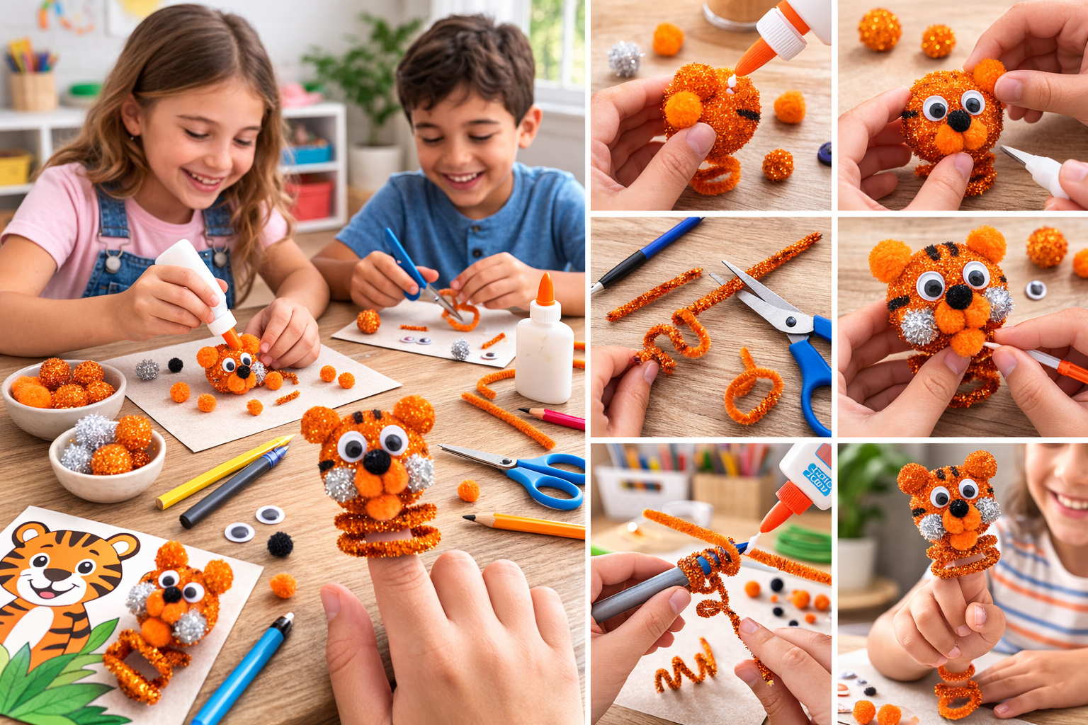 kids creating tiger finger puppets