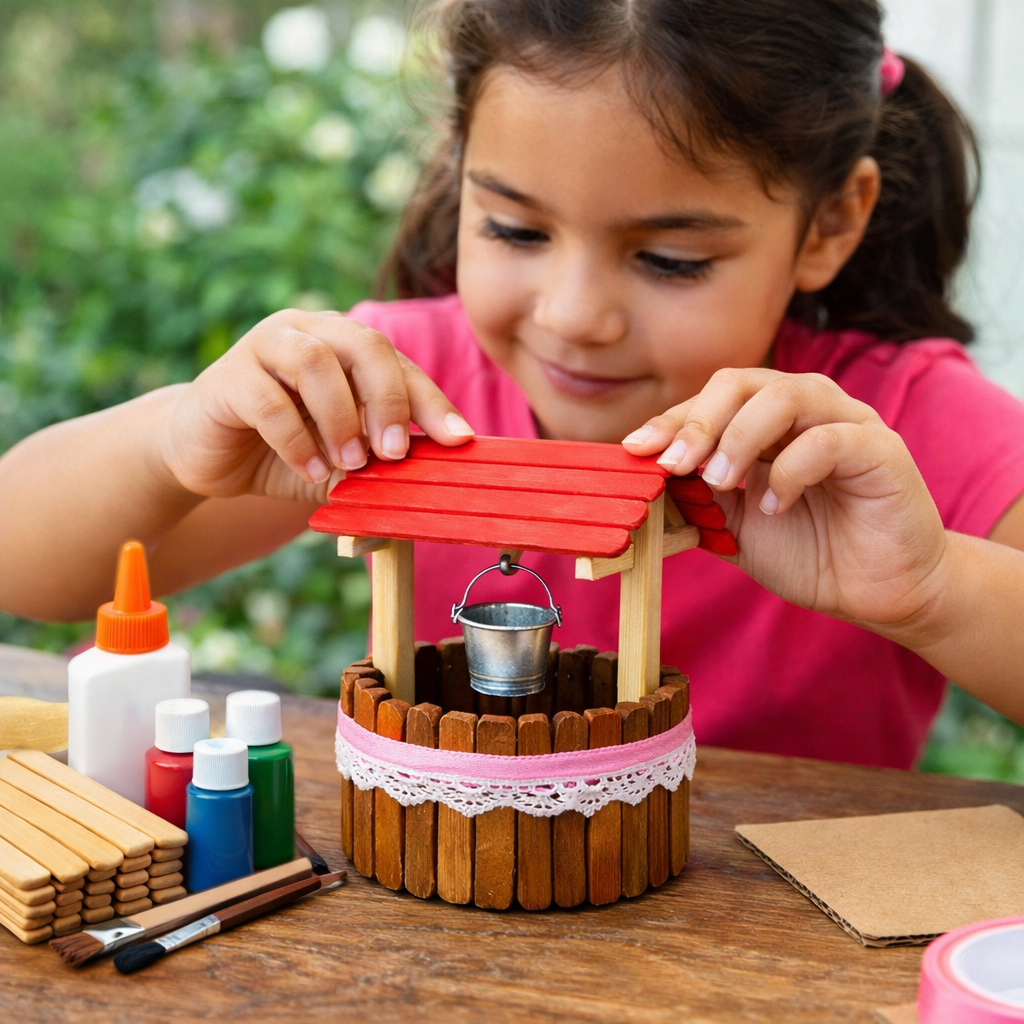 girl making a well from crafting sticks