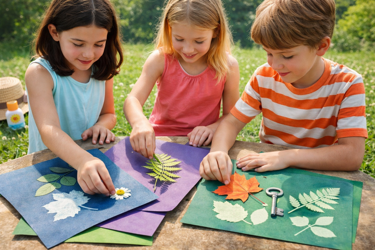 kids printing with the sun on construction paper