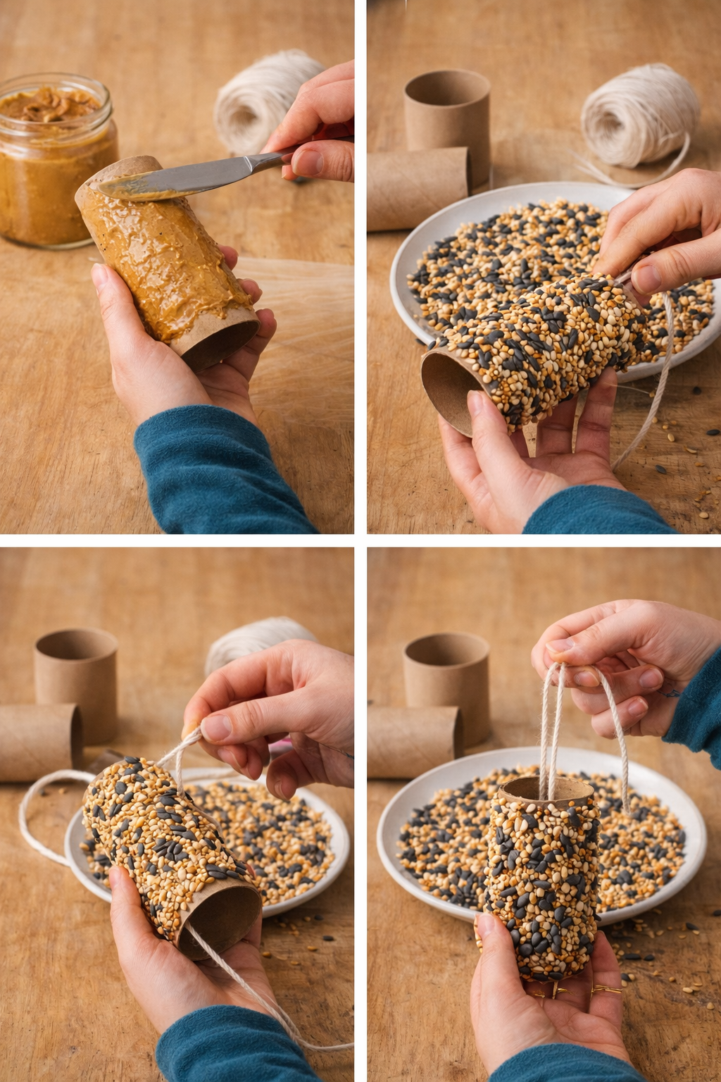 step images how to spread and cover cardboard rolls with bird food