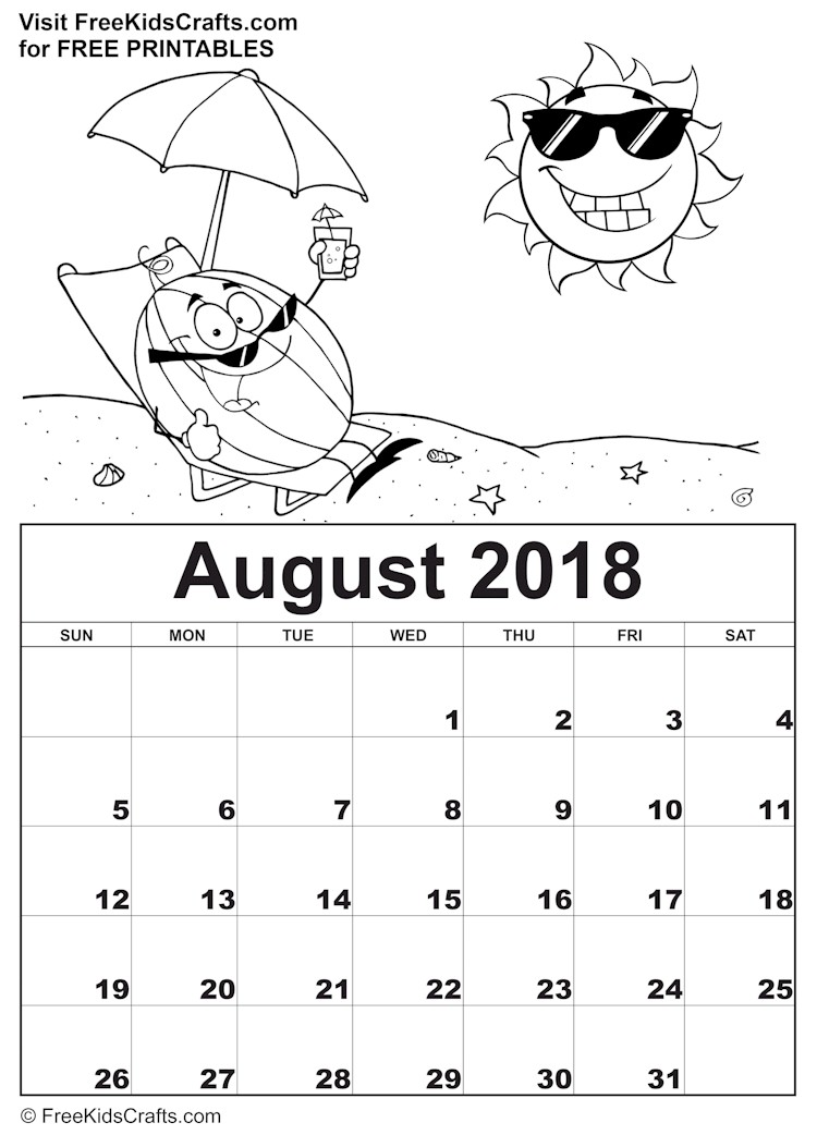 2018 Printable August Coloring Calendar